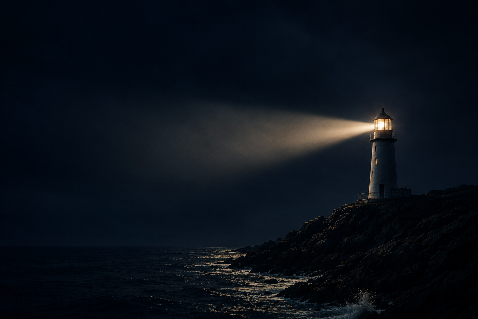 Lighthouse casting a beam over a dark coastline
